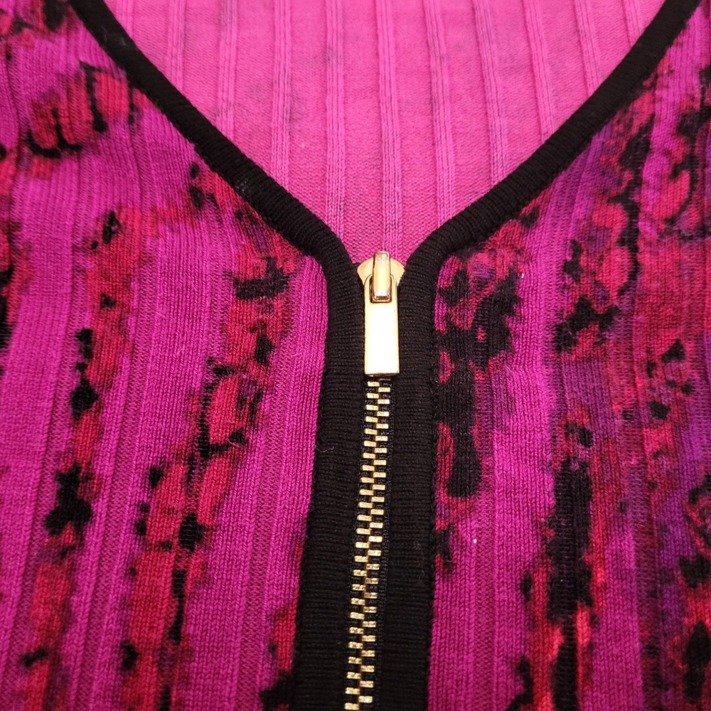 VTG Y2K Cache Fuchsia Black Abstract Ribbed Knit Slim Fit Full Zip Sweater M - Picture 4 of 7